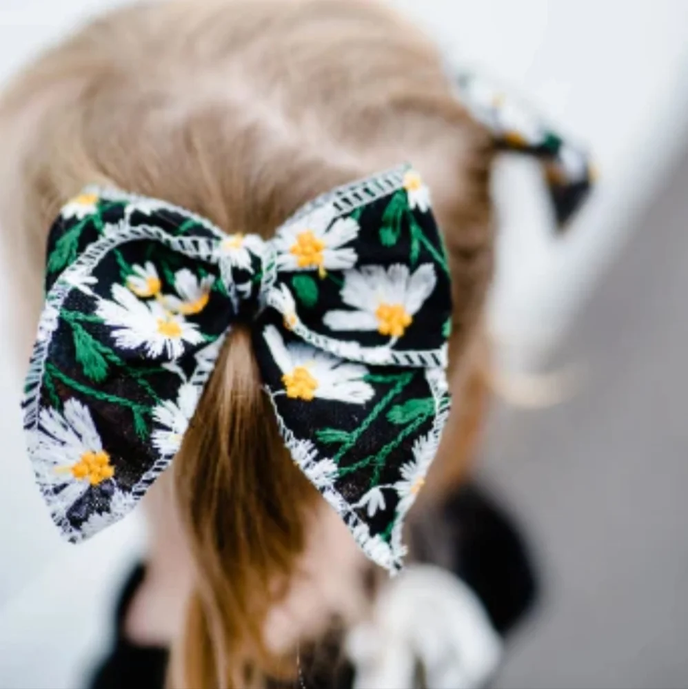 Girls Embroidered Daisy Floral Bow Hair Clip Oversize Ponytail Barette Accessory